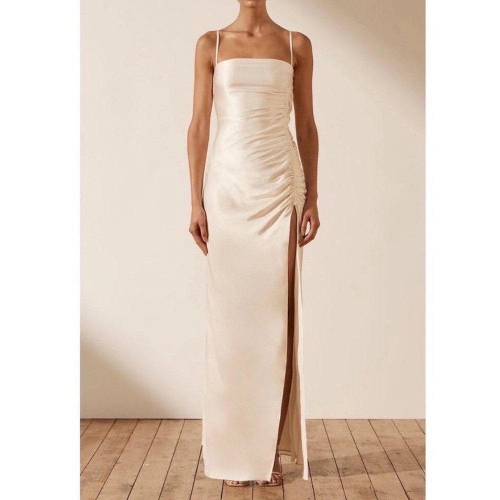 SHONA JOY La Lune Ruched Maxi Dress Side Slit In Cream Size 4 bridal Wedding